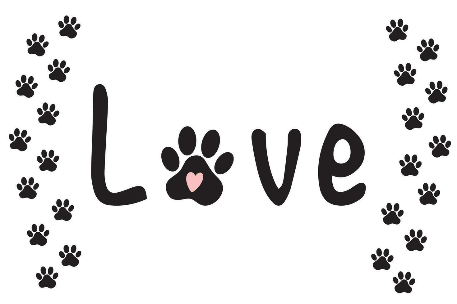 Lettering love and animal paw print. Vector illustration isolated on white background