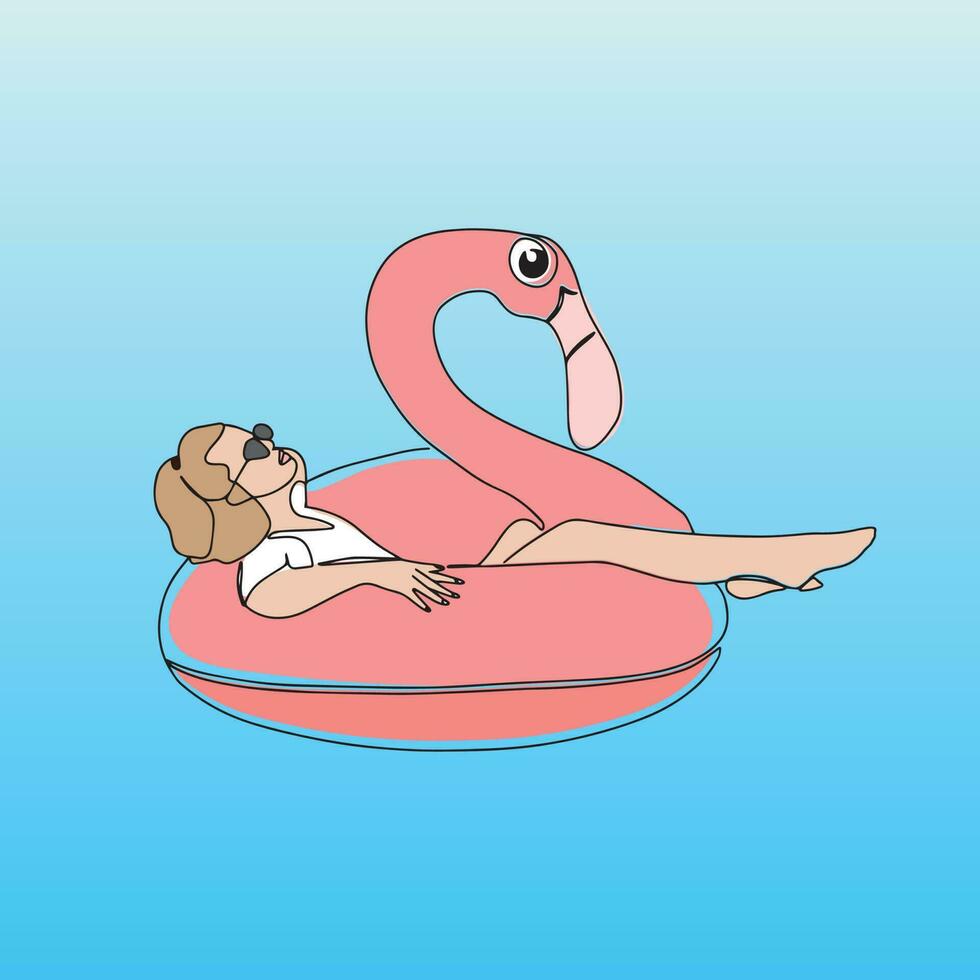 A hand-drawn vector summer illustration is a postcard with a girl sitting in a circle with a flamingo. A summer colorful element for your design. Vector illustration. Drawing with one line. Vector