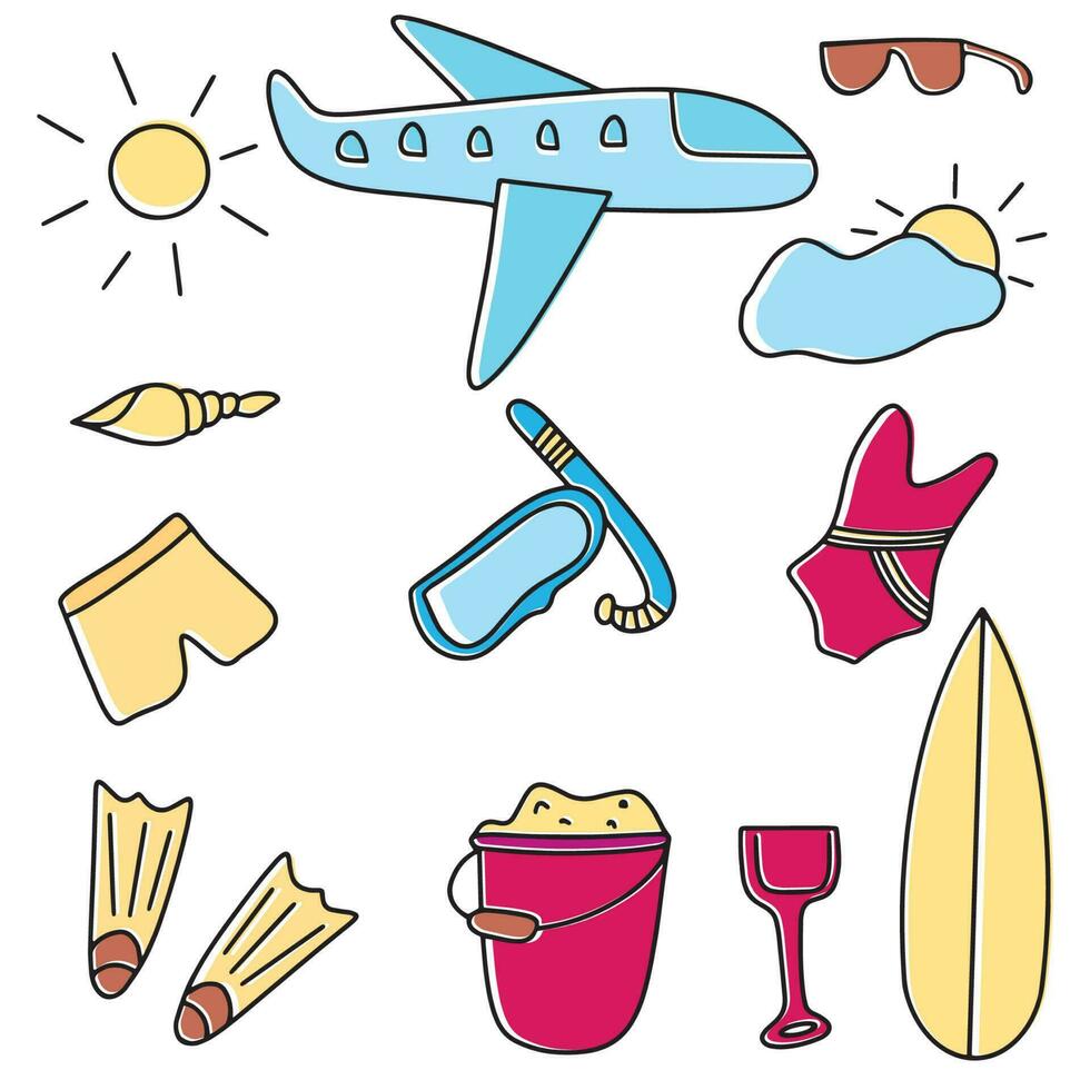 un conjunto para un verano viaje, dibujado a mano en garabatos plano vector ilustraciones en un blanco antecedentes. vector