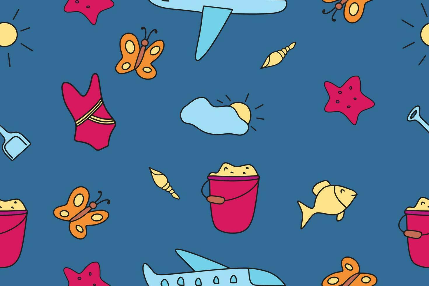 Summer seamless pattern. Doodle style. Accessories for relaxing by the sea. Suitable for printing, textiles, backgrounds, wallpaper, wrapping paper, packaging. White background. Vector