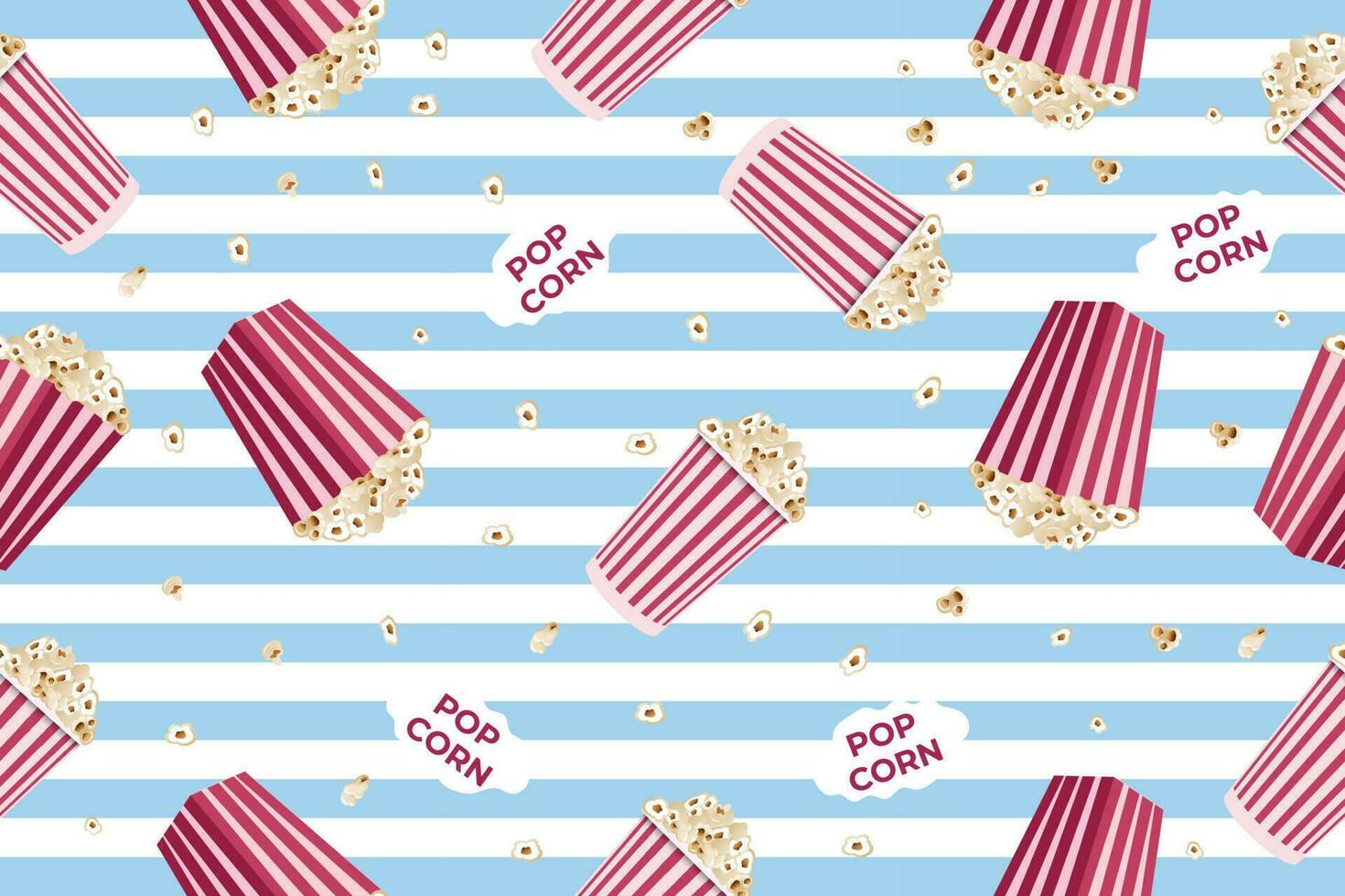 Seamless pattern with striped popcorn box, popcorn grains. Movie junk food. Vector