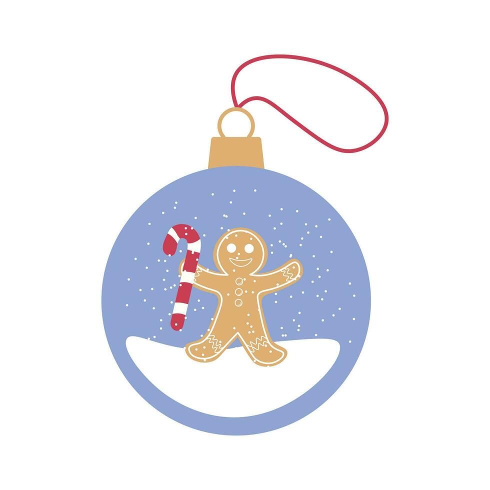 Christmas ball with gingerbread man, candy cane and snow vector