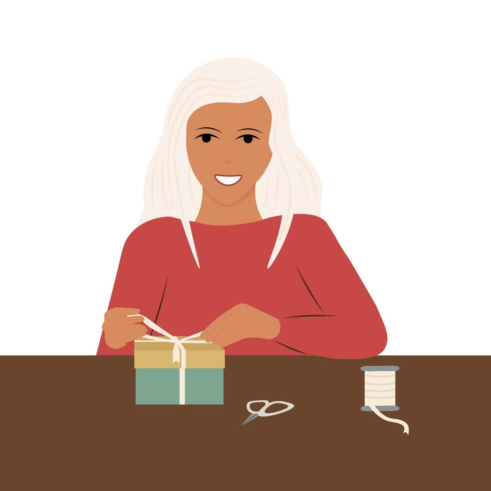 Young woman preparing a gift vector