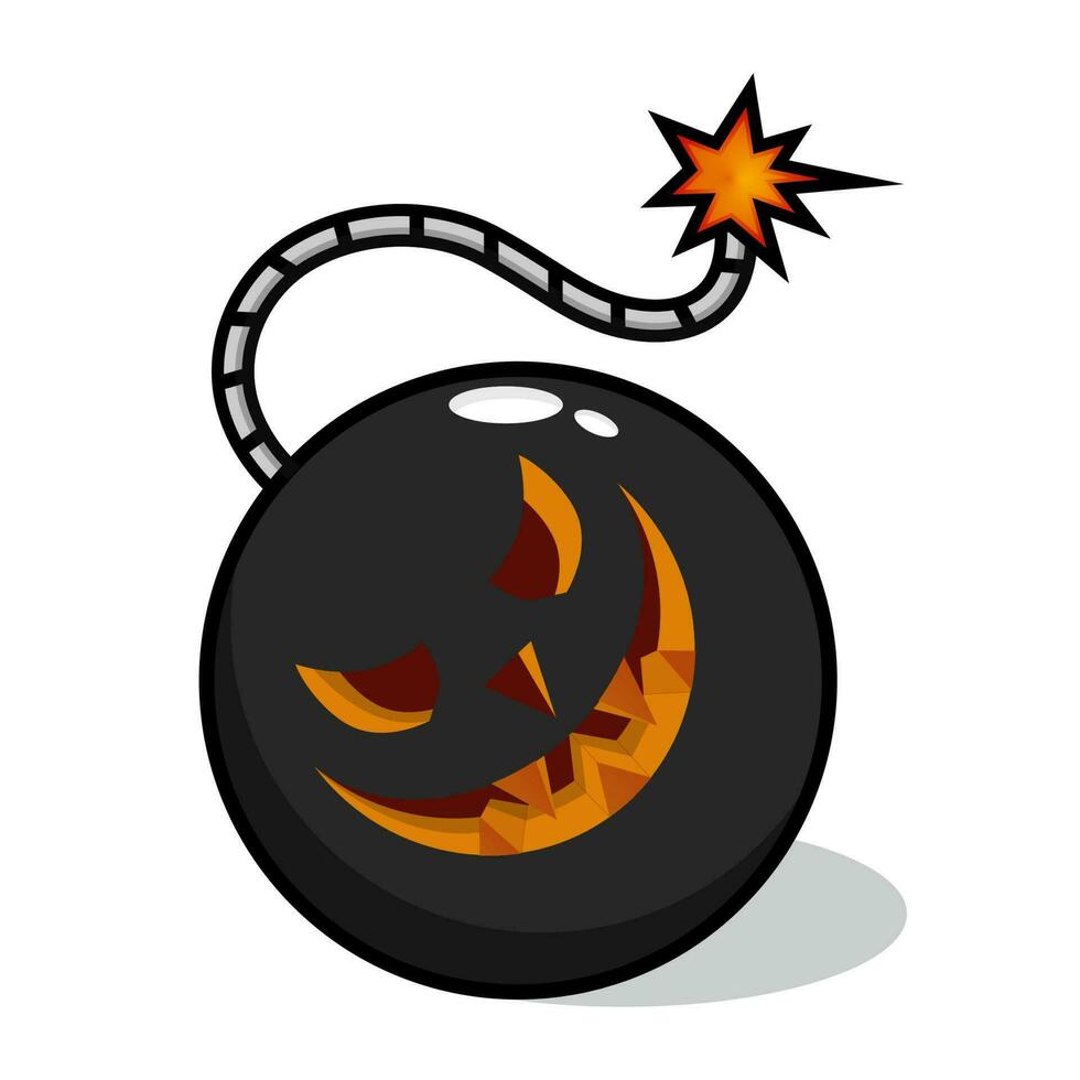 The ignited bomb is ready to explode with a monster face character shape. Halloween themed illustration. Bomb emoji vector