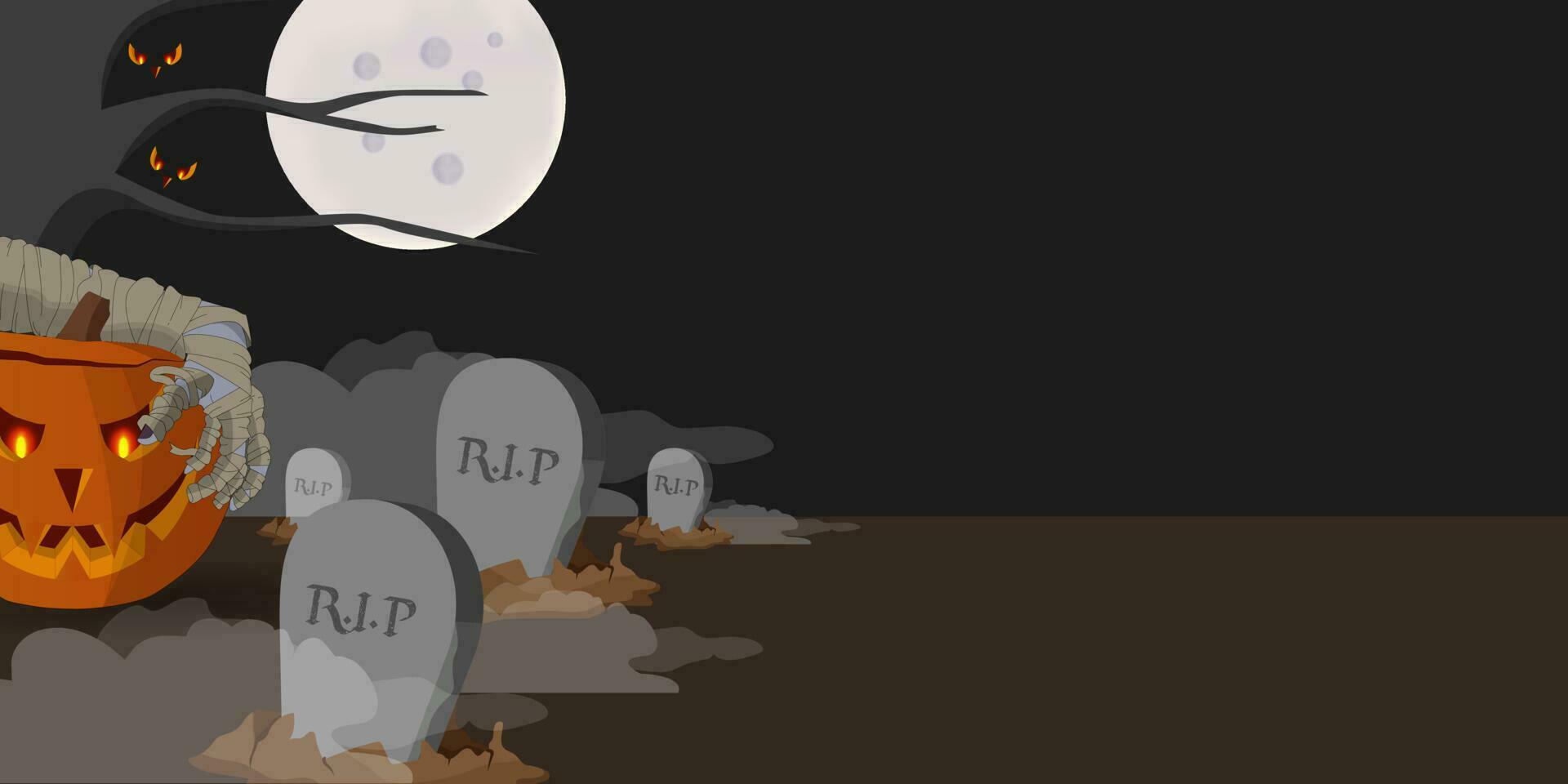 ilustración de momia participación monstruo calabaza cabeza a cementerio durante lleno Luna. Víspera de Todos los Santos celebracion horror concepto. vector ilustración