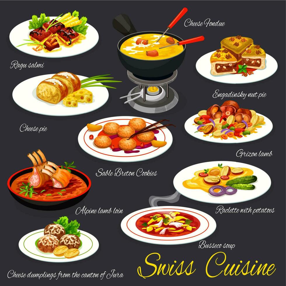 Swiss cuisine restaurant meals menu vector