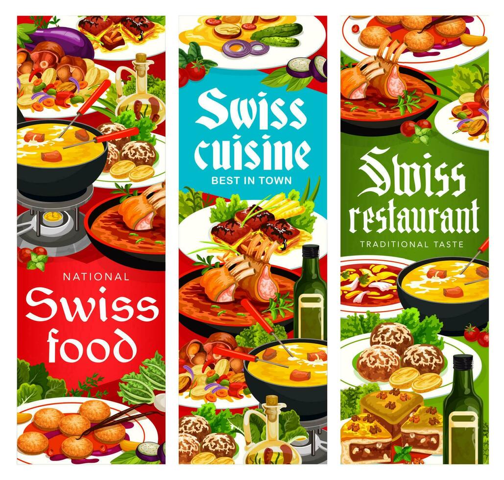 Swiss cuisine vector Switzerland food banners set