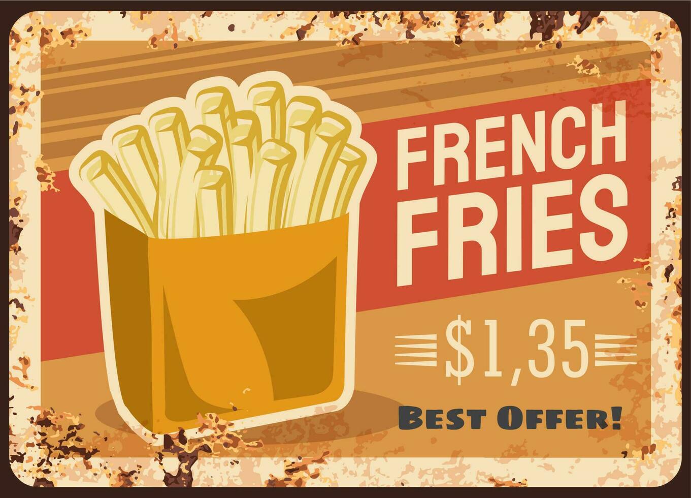 French fries fast food rusty metal plate, price vector