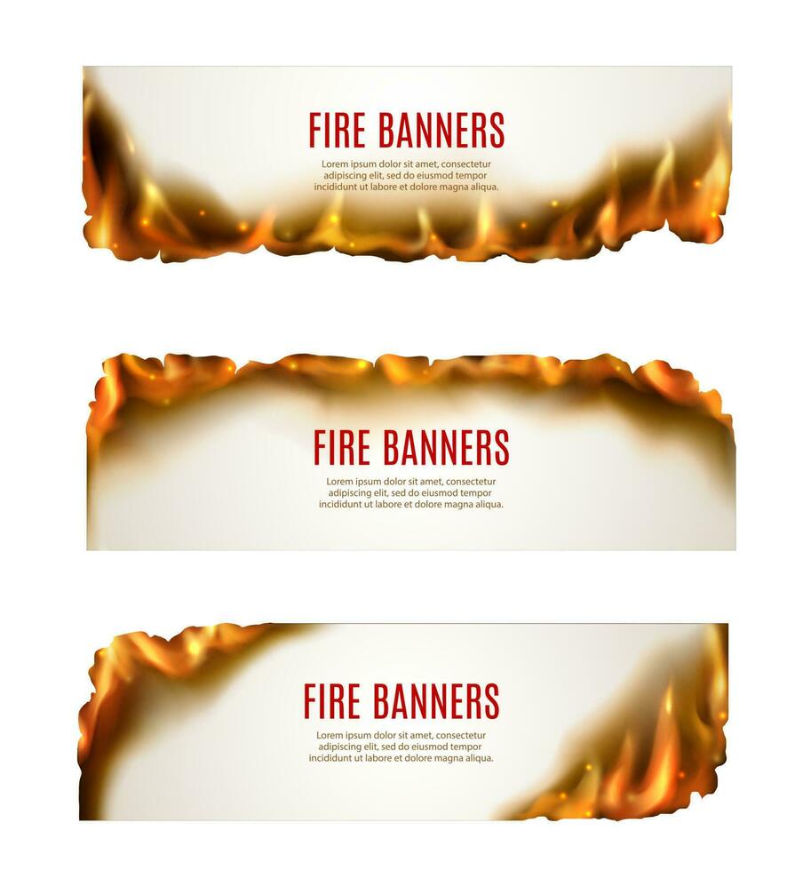 fuego pancartas de ardiente papel con chamuscado bordes vector