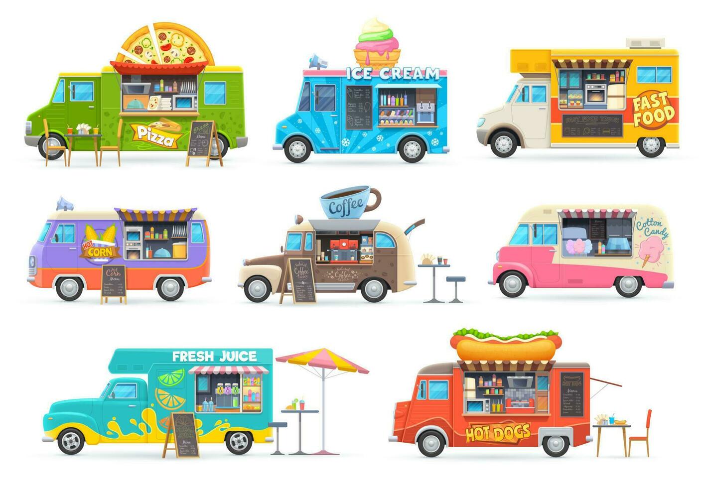 comida camiones dibujos animados furgonetas para calle comida de venta vector
