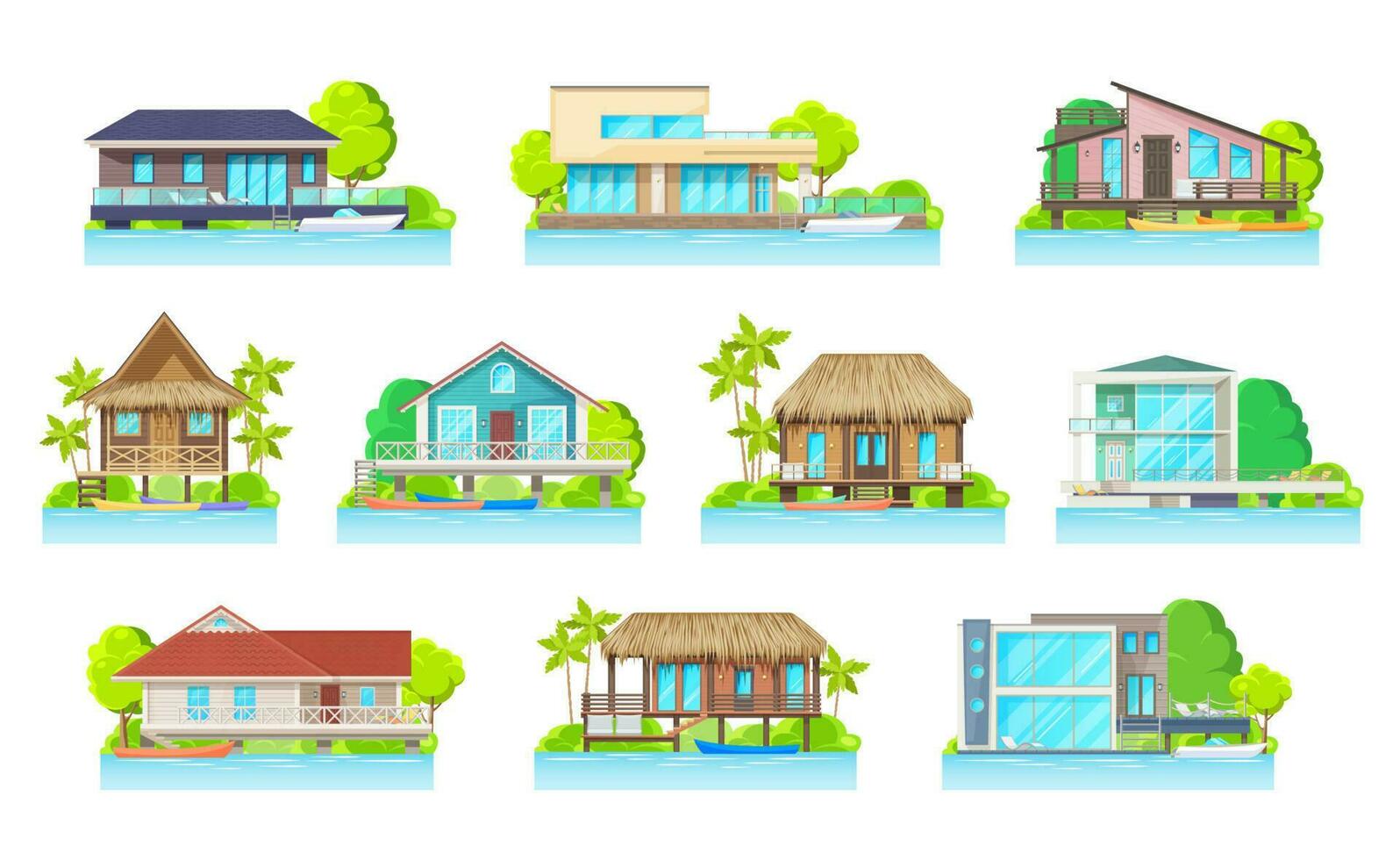 cabaña casas en lago o río hogar edificios conjunto vector