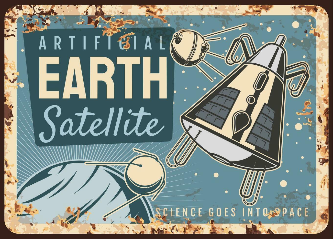 Satellites vector rusty plate, artificial sputniks