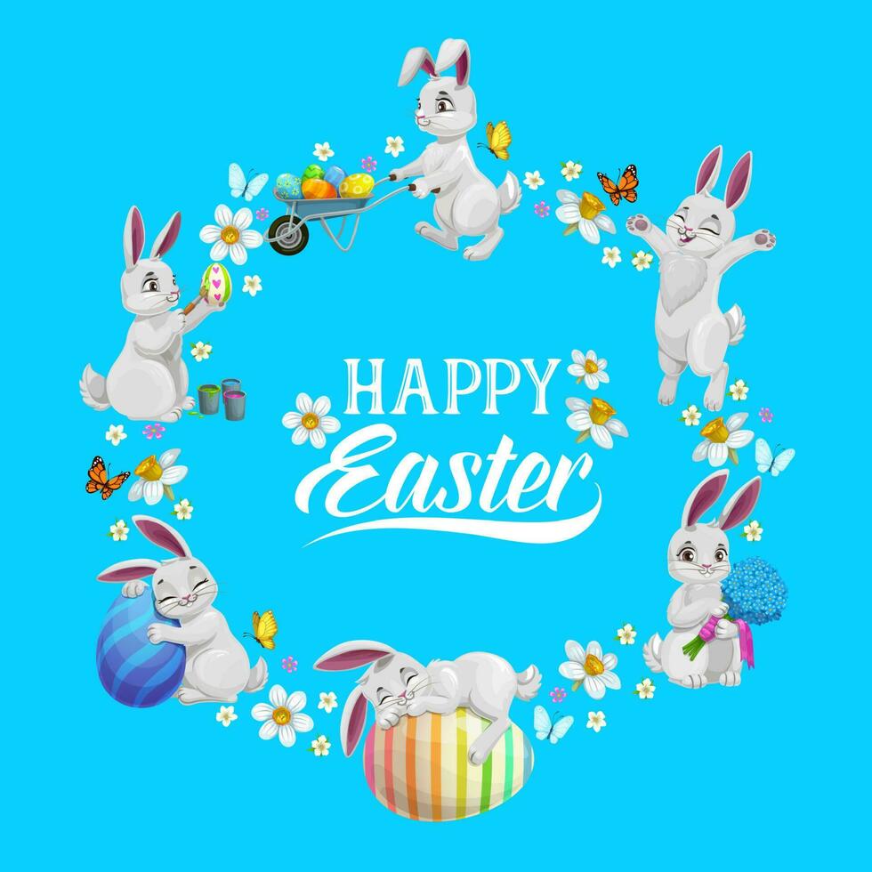 Happy Easter flower wreath with rabbits and eggs vector