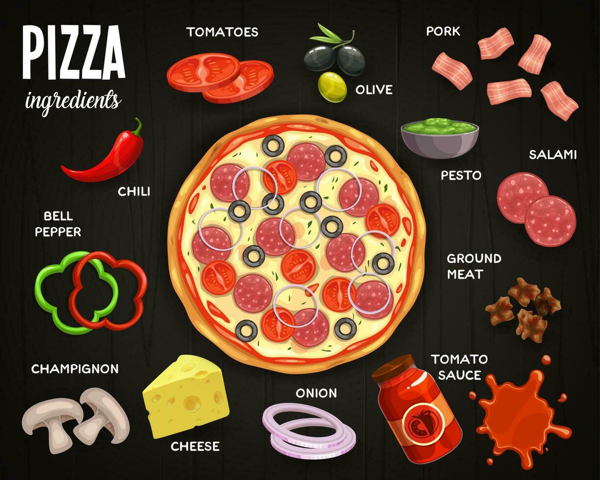 Pizzeria menu, pizza ingredients vector meal.