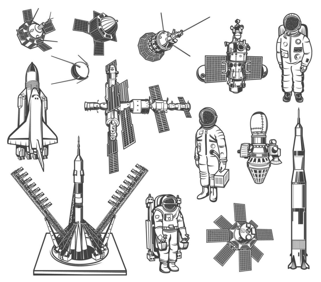 espacio vector íconos astronauta, cohete y satélite