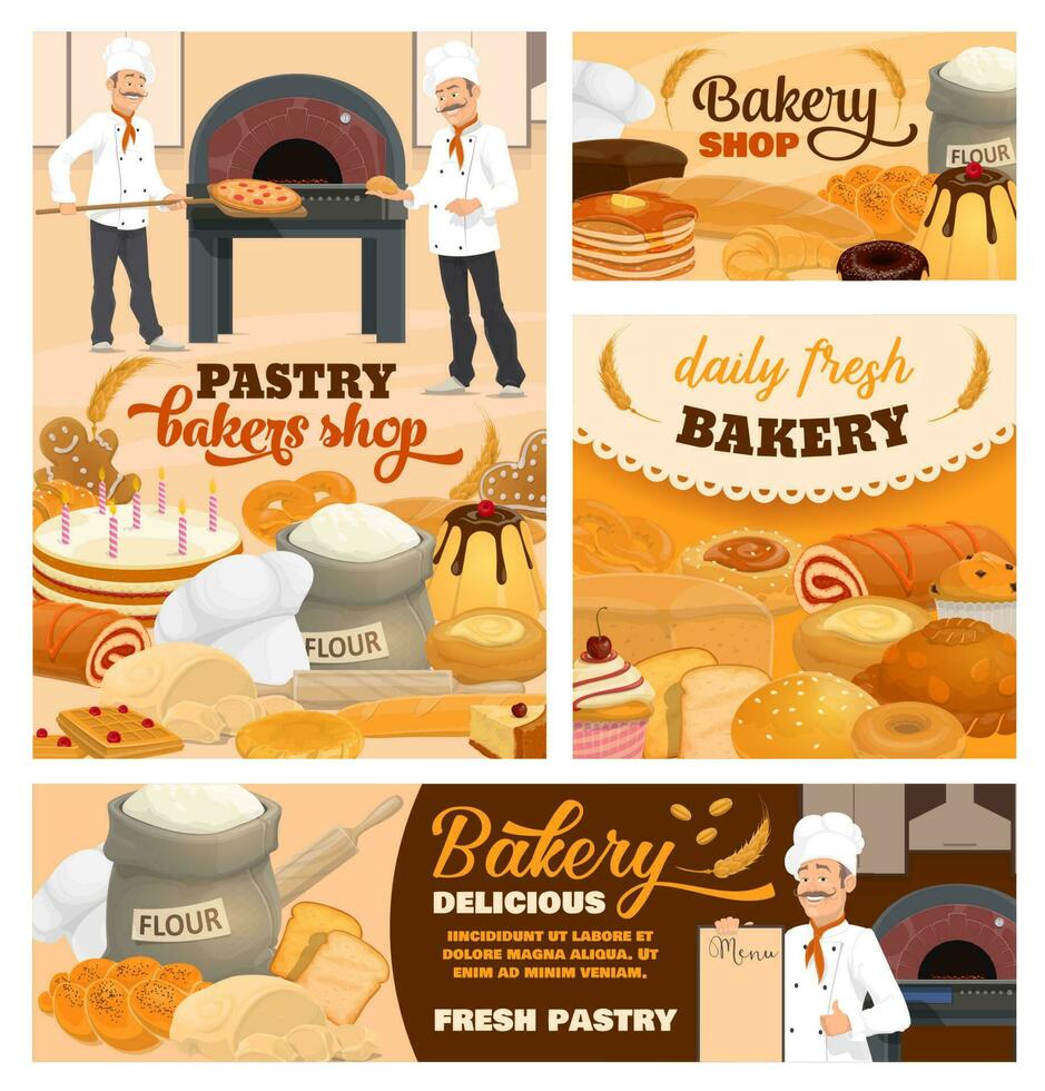 Pastelería tienda y panadería dibujos animados vector carteles conjunto