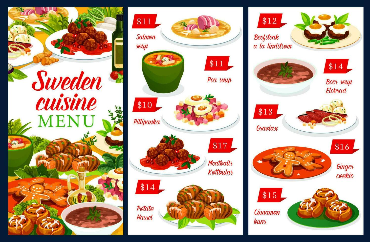 Suecia comidas vector menú plantilla, sueco cocina