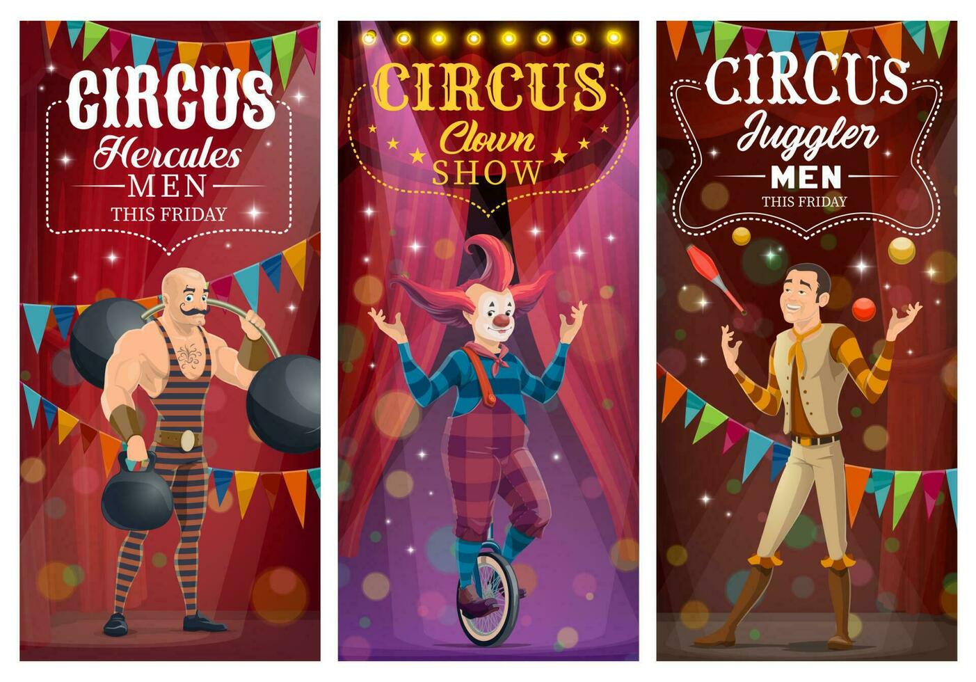 circo payaso, malabarista y hombre fuerte caracteres vector