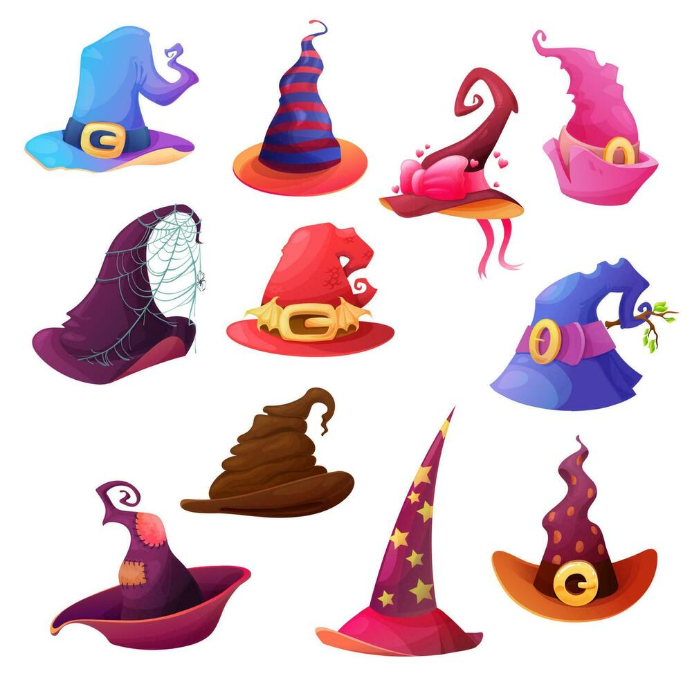 Witch and wizard hat cartoon icons, Halloween vector