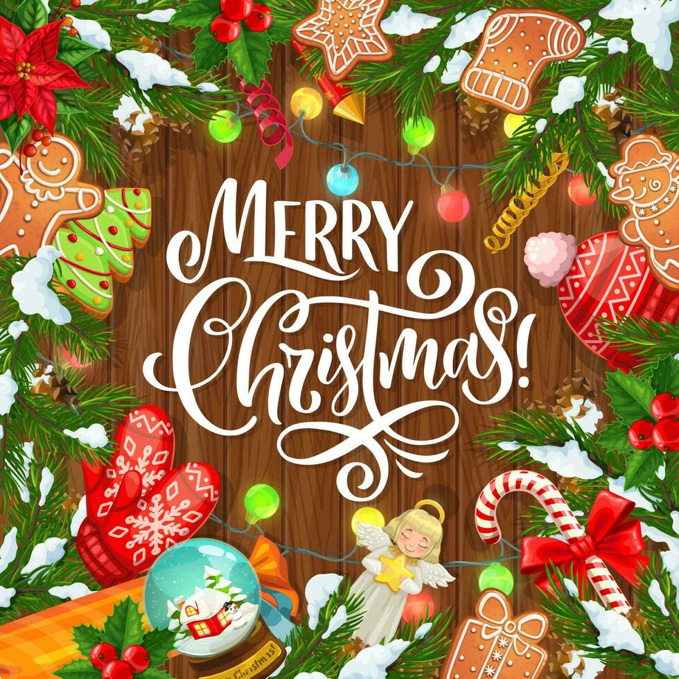 Navidad árbol, regalos, nieve, dulces, pan de jengibre vector