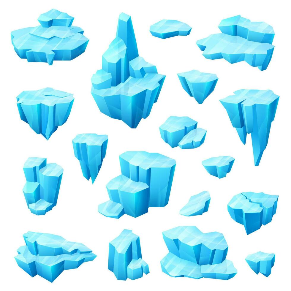 Ice crystal, glacier and iceberg cartoon set vector