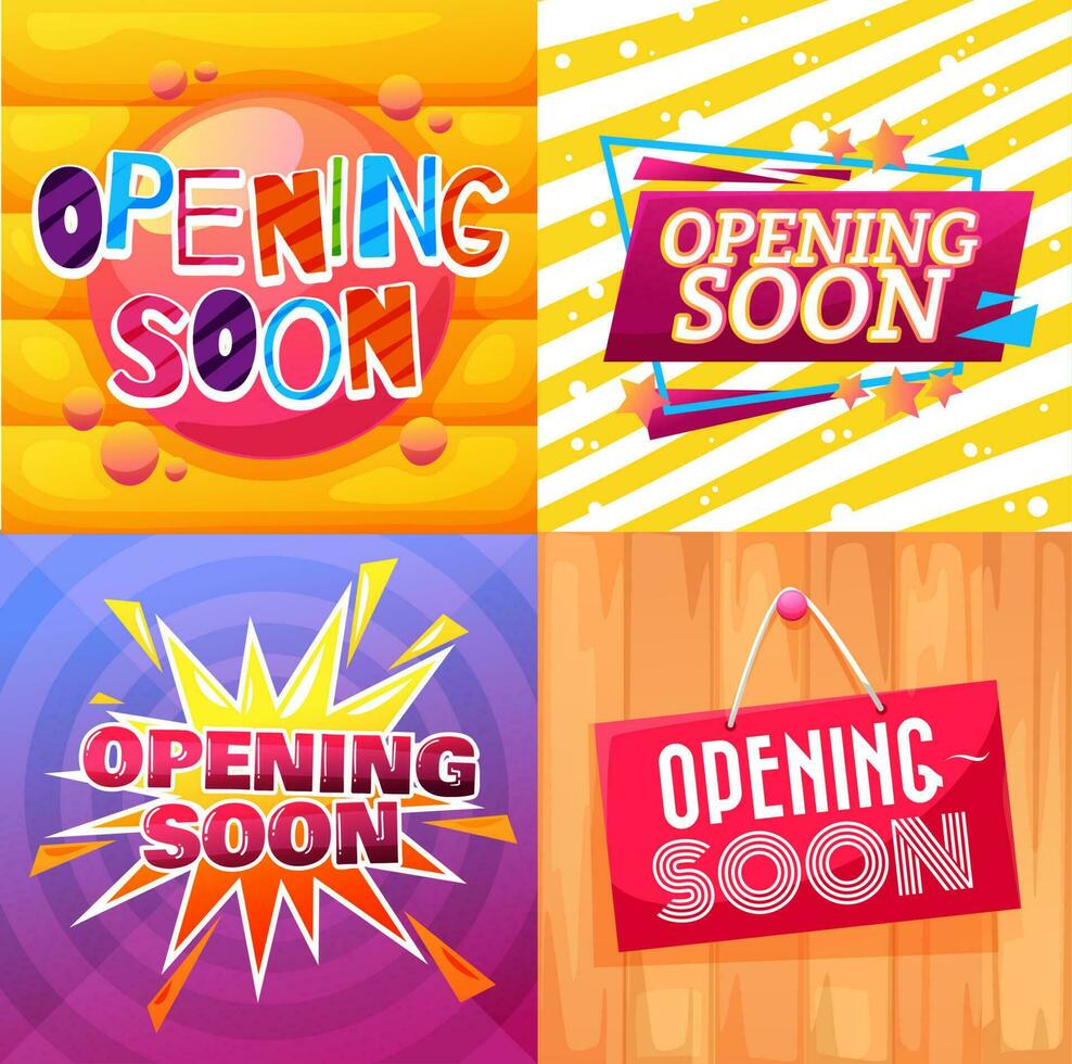 Opening soon banners, shop and store cartoon signs vector