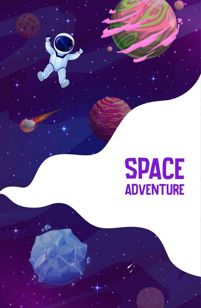 Space landing page. Cartoon astronaut, outer space vector
