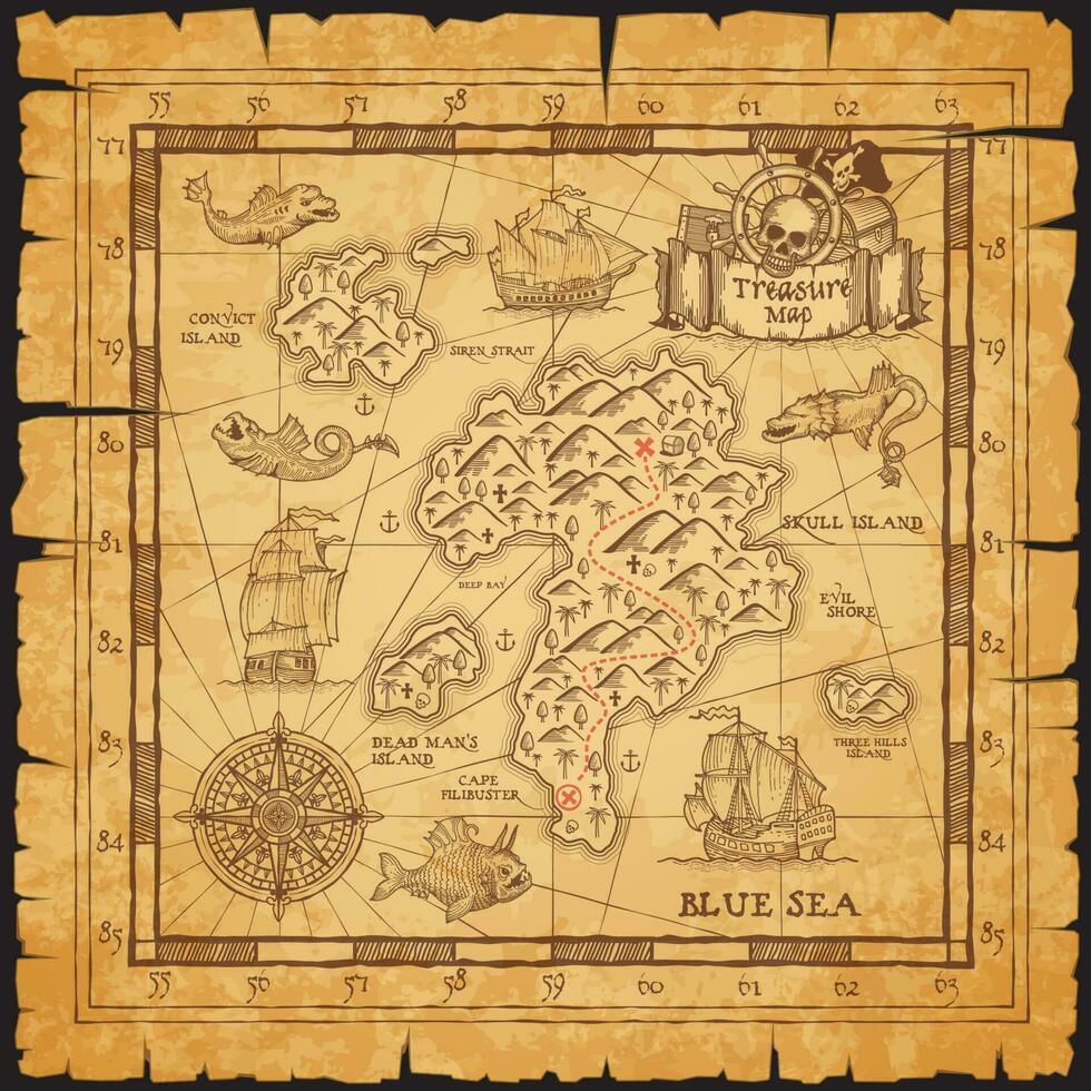 Pirate treasure map of skull island vector sketch