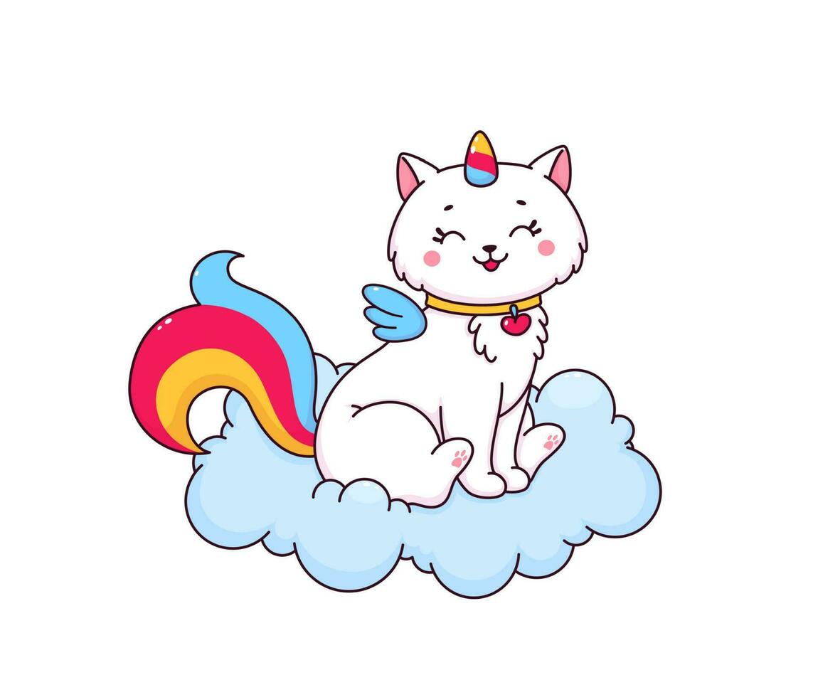 Cartoon cute caticorn character on fluffy cloud vector