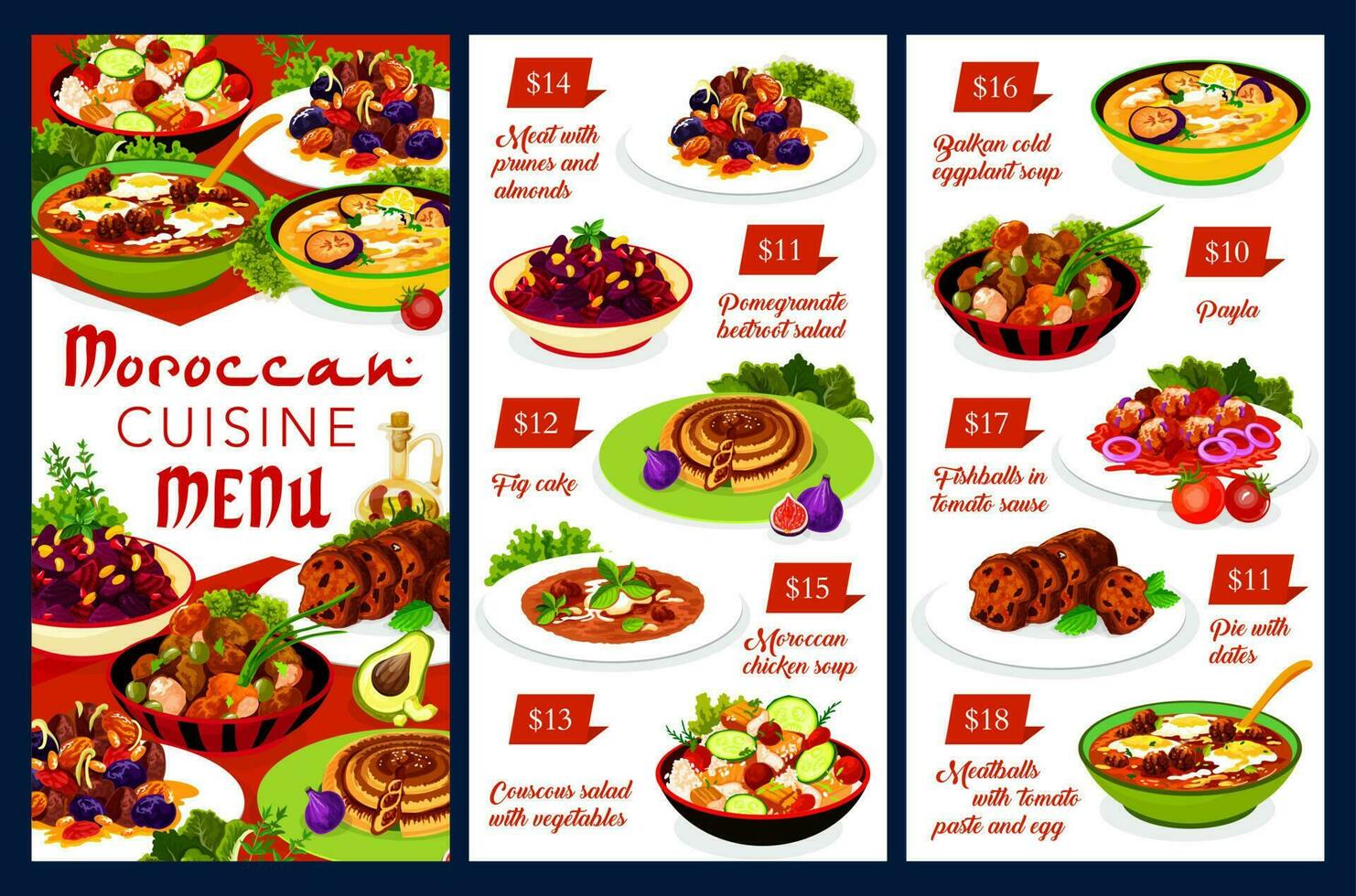 Moroccan food vector menu template Morocco cuisine