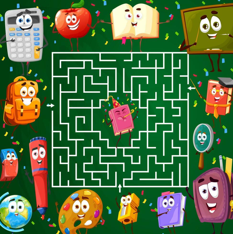 Labyrinth maze with school characters, kids riddle vector