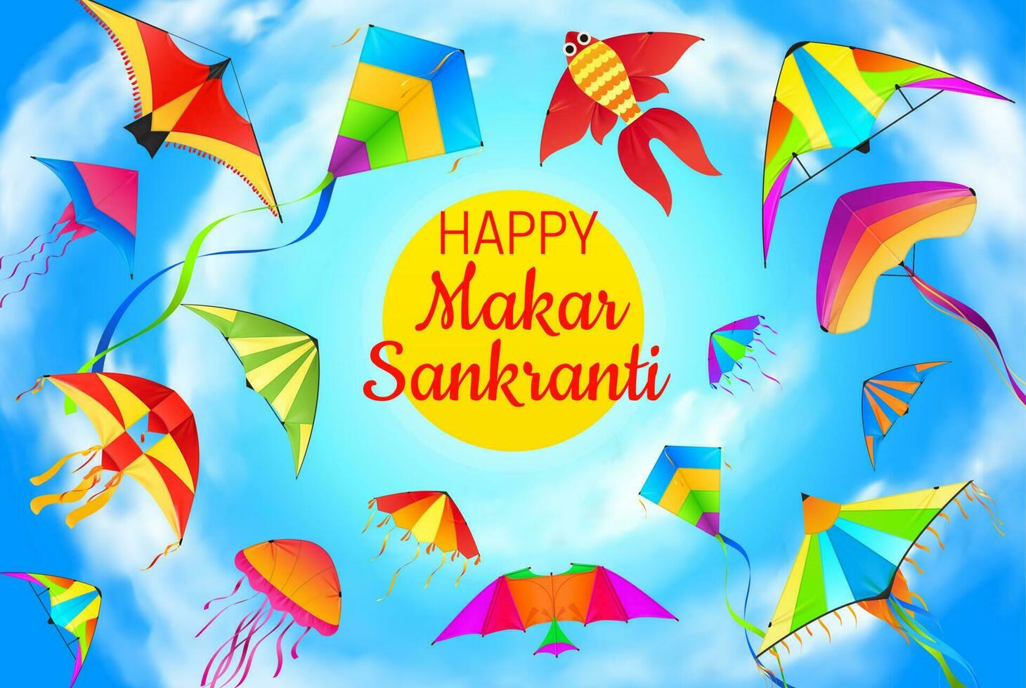 Makar Sankranti kites flying in blue sky vector