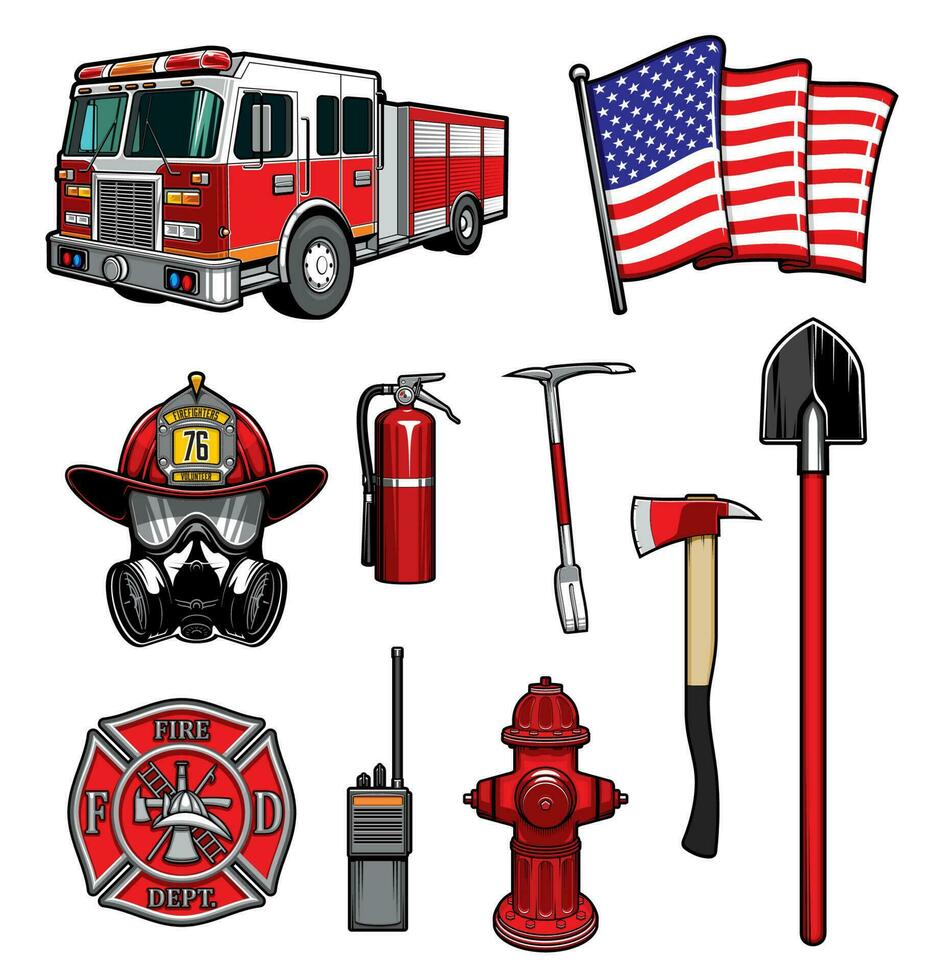 Firefighting vector icons firefighter labels set