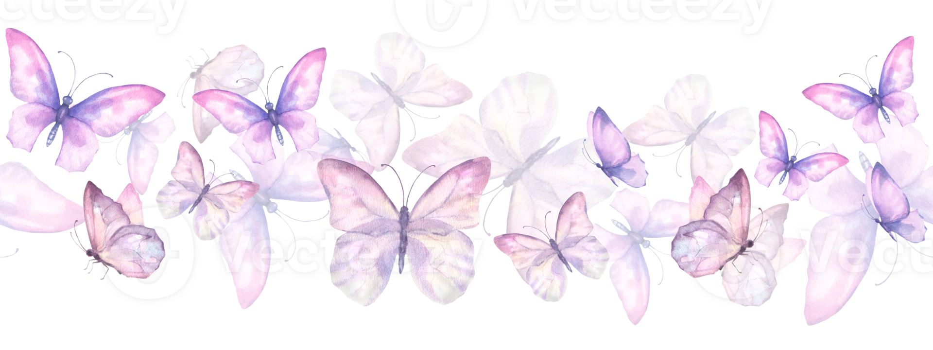 Seamless bordure with watercolor illustrated delicate blue and pink butterflies. Design for packaging, label and greeting card. png