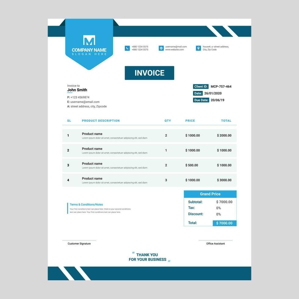 Minimal Blue invoice template vector design