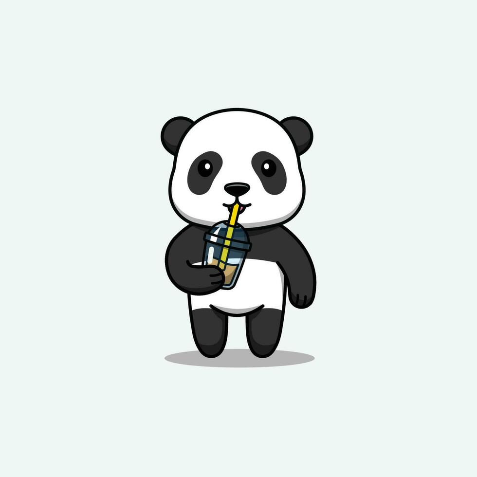 Cute panda cartoon character drinking cup of coffee. Vector illustration.