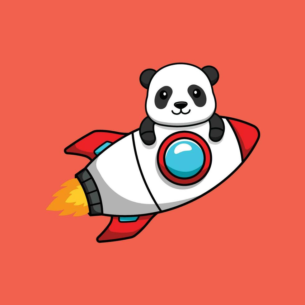 Cute panda cartoon character flying on a rocket. Vector illustration.