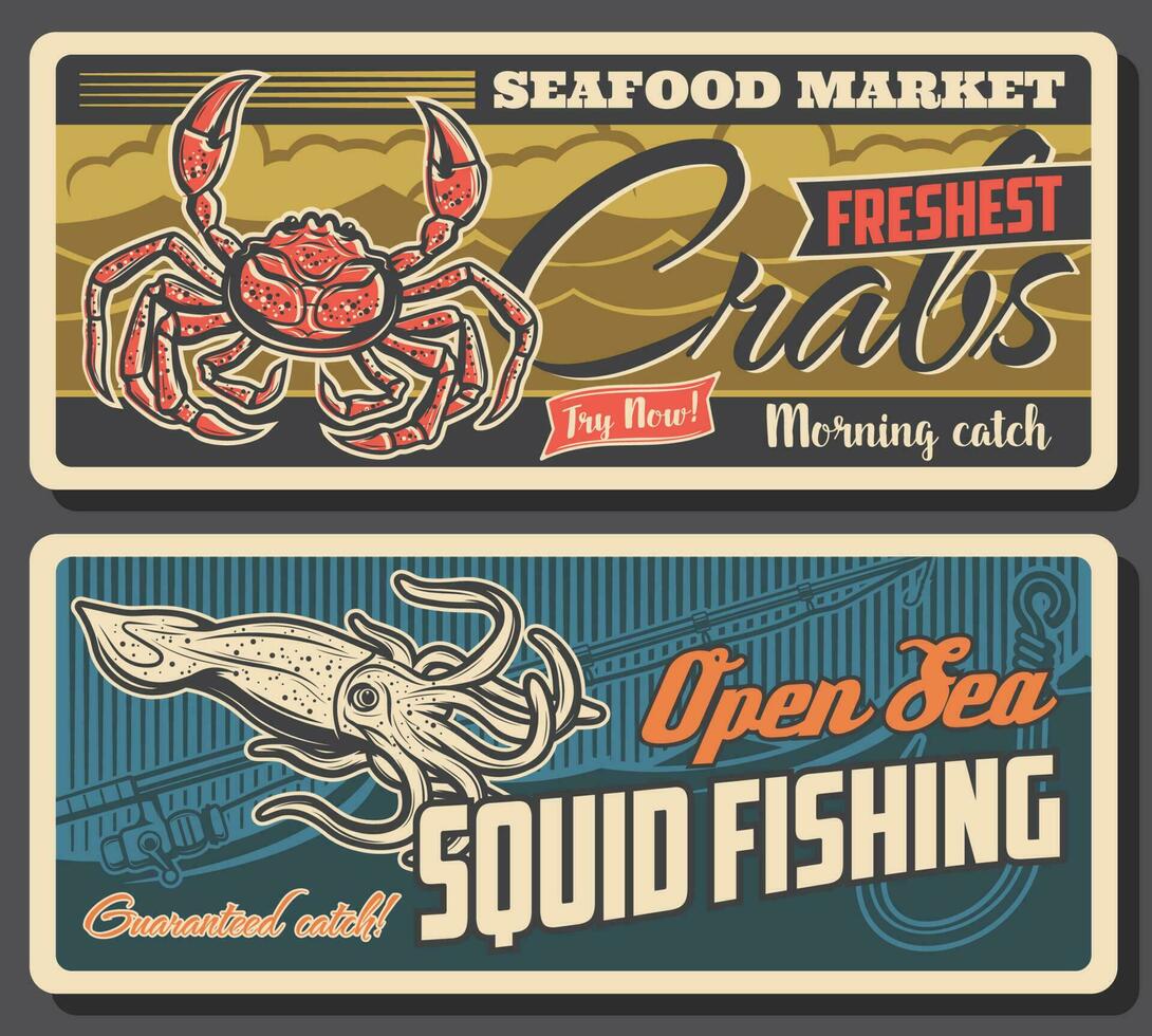 Fresh crabs and sea squid vector retro banners