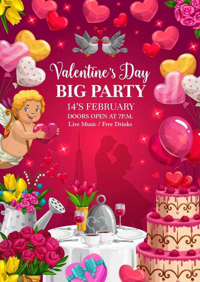 san valentin día fiesta póster con Cupido y corazones vector