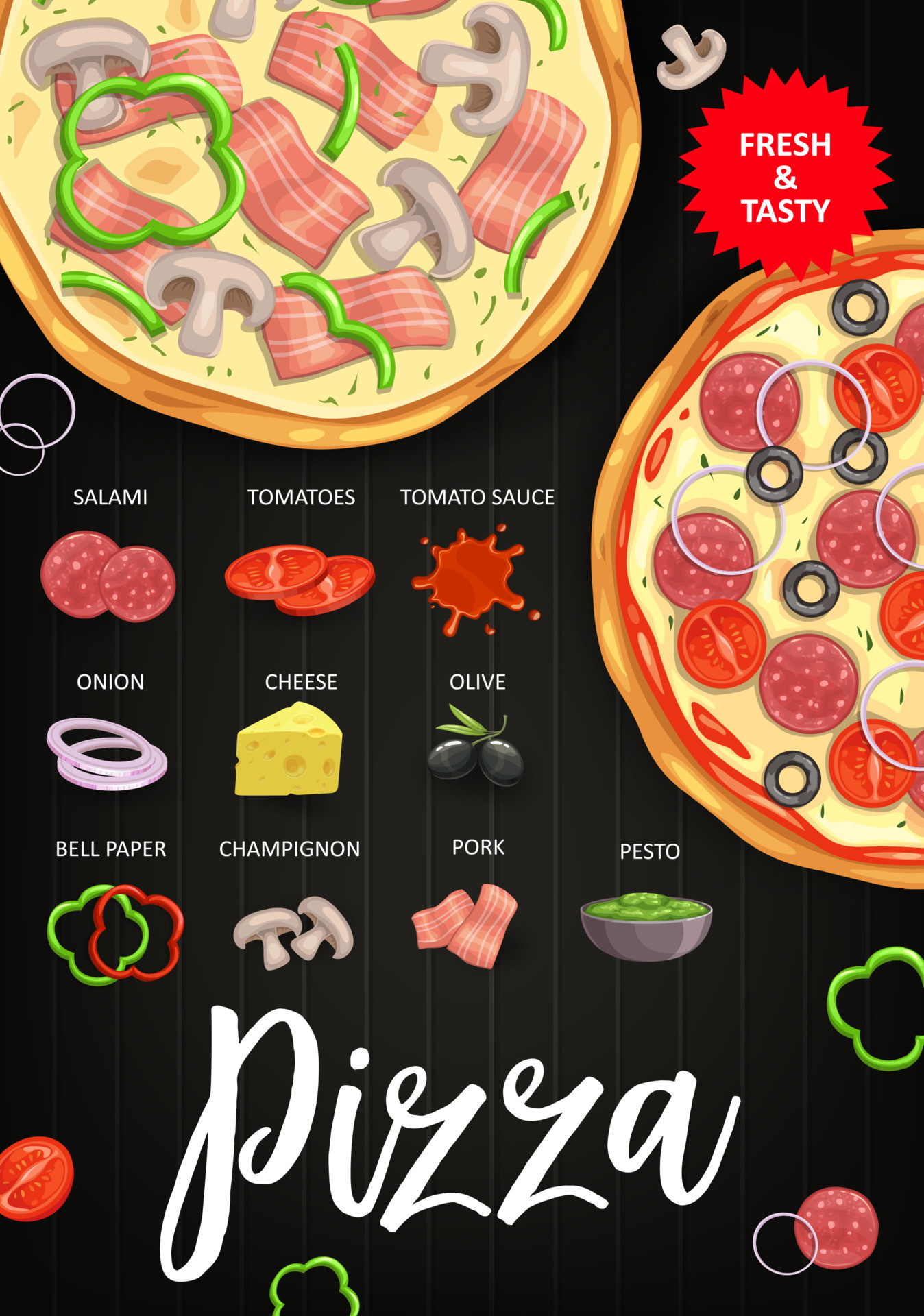 Pizza ingredients vector Italian fast food recipe 23833987 Vector Art