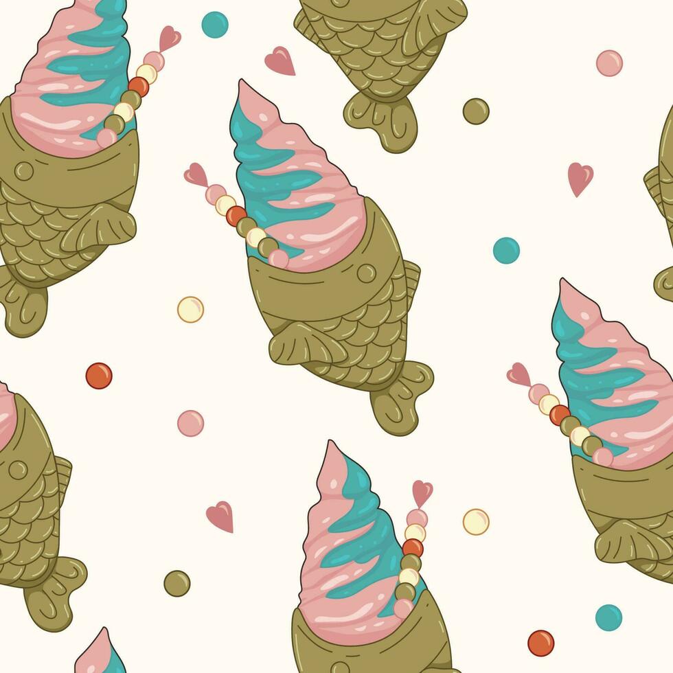 taiyaki ice cream seamless pattern. Asian food background, fish-shaped waffle and ice cream with fruits. vector