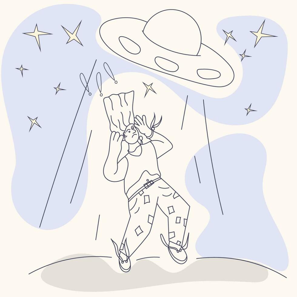 memphis style drawing of an abstract man being abducted by a ufo vector contour illustration