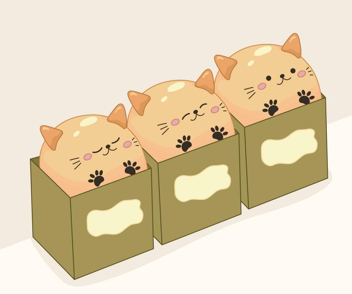 Cute cat shaped bread buns with ears, paws, emotions in boxes. Asian food Cute Kawaii bakery vector illustration drawing