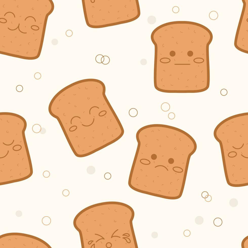 Toast bread emotions cute pattern. Asian food seamless background. Kawaii mascot characters illustration vector