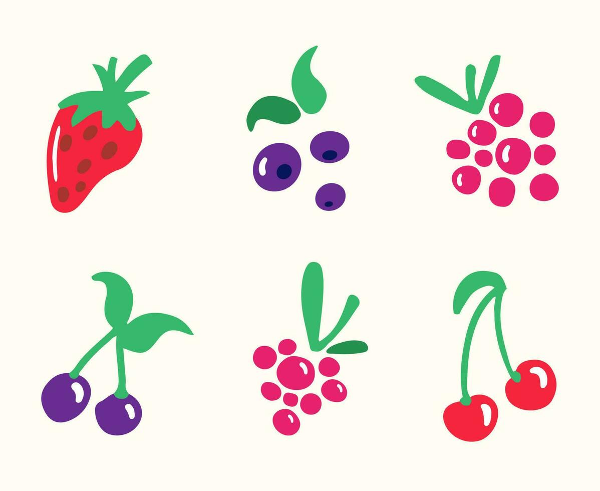 Set of berries illustration in doodle style. Hand-drawn isolated strawberry, blueberry, raspberry and cherry vector