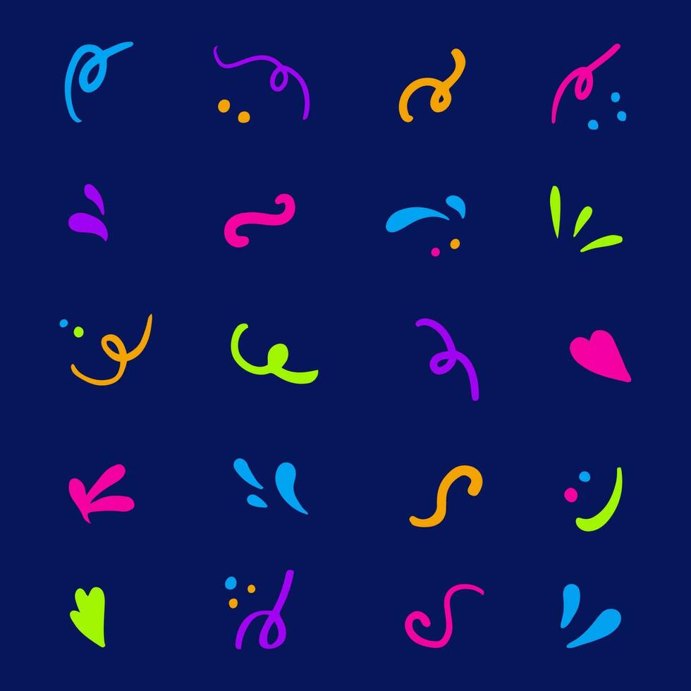 Colorful hand-drawn set of scribbles and scrawls. Splash, leaf, heart and dots in squiggle doodle. vector