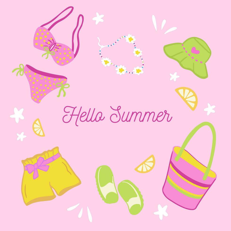 Hand drawn summer clothes in modern style and colors set. Pink template with text space for postcards, banners and social media. Panama, beaded necklace, swimsuit, shorts, straw bag and lemons vector