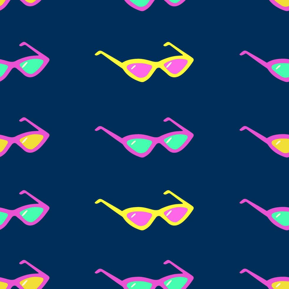 Modern seamless pattern with neon sunglasses on blue background. Hand drawn vector illustration for cases, wallpaper, prints, wrapping, textile