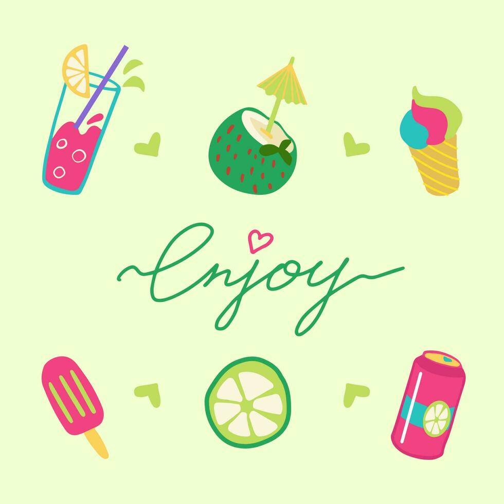 Hand drawn lettering with summer cocktails, fruits, ice creams, soda cans. Cute and stylish design for postcard, greeting card. Vector illustration in flat style