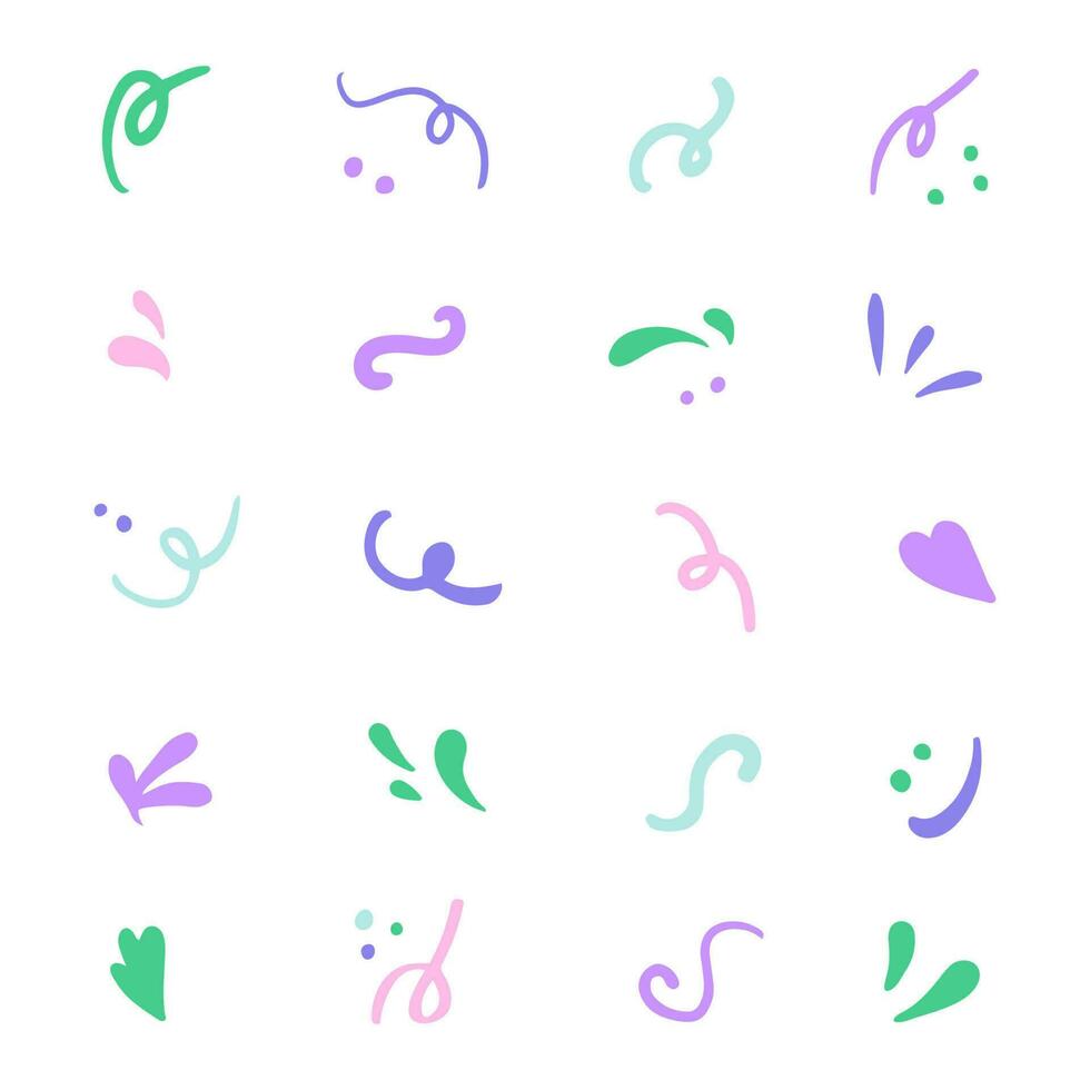 Pastel hand-drawn set of scribbles and scrawls. Splash, leaf, heart and dots in squiggle doodle. vector